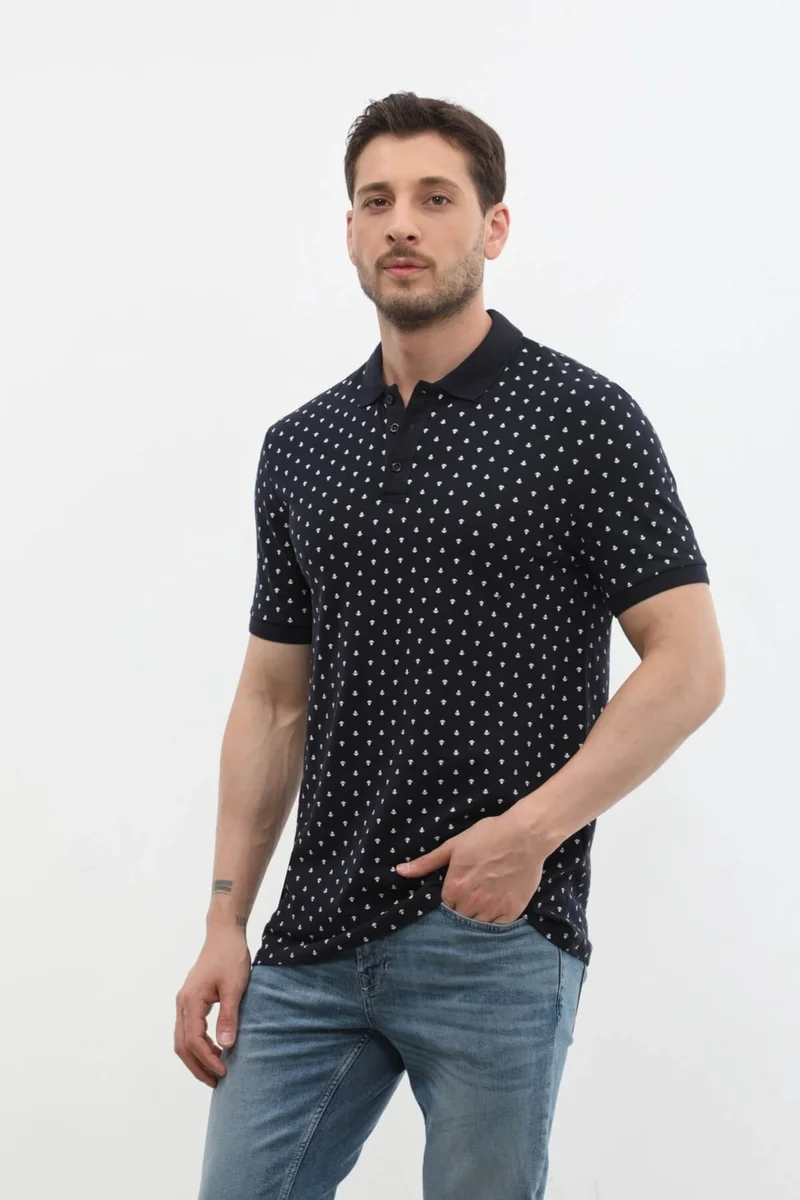 Markapia Man Men's Polo Collar Marine Patterned 100% Cotton T-Shirt