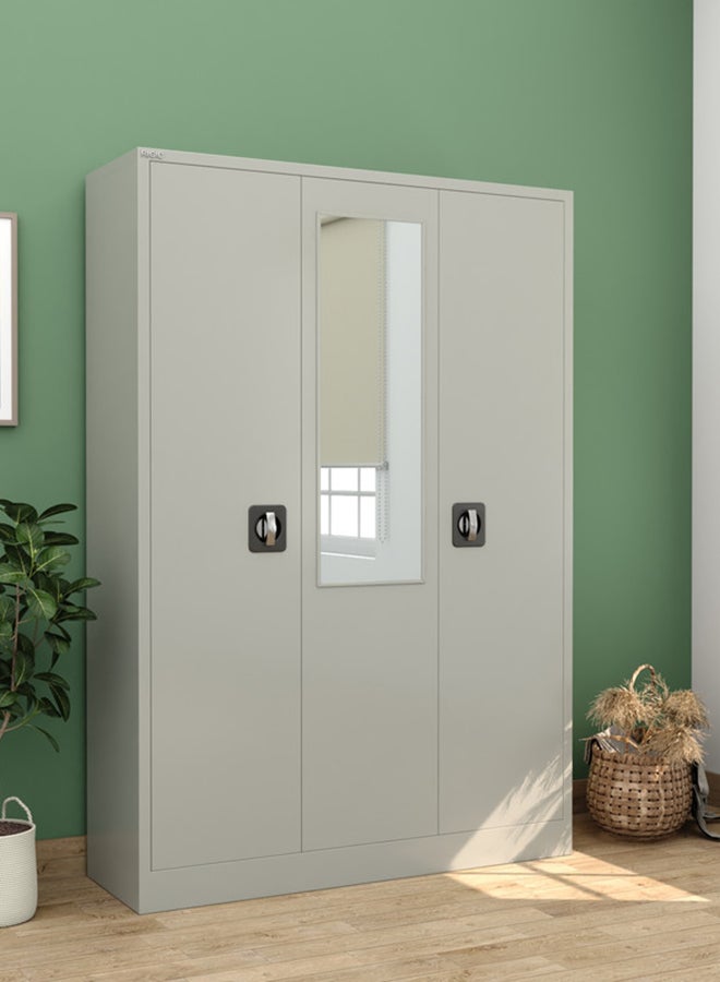 RIGID 3-Door Home Cupboard with Hanging Rod, Organizer Shelves, Lockable Doors & Full Mirror Steel Wardrobe Storage Cabinet for Bedroom, Living Room (Grey, 47D x 125W x 180H CM) – Assembled - Image 1
