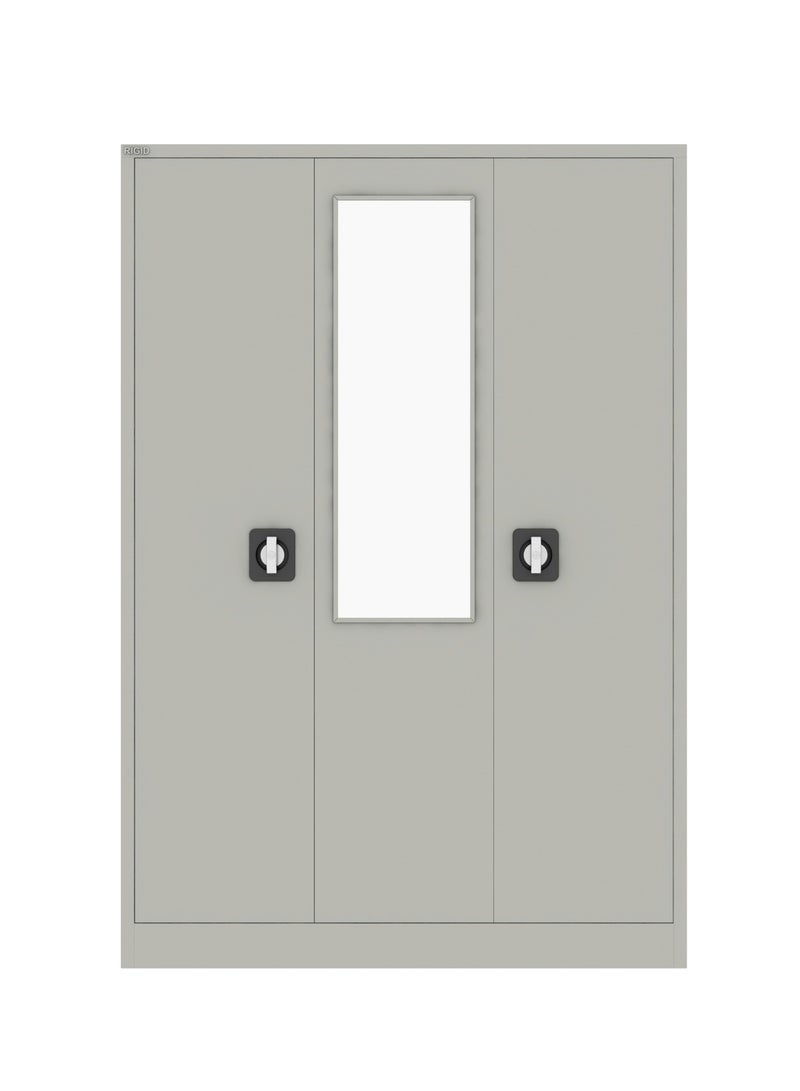 RIGID 3-Door Home Cupboard with Hanging Rod, Organizer Shelves, Lockable Doors & Full Mirror Steel Wardrobe Storage Cabinet for Bedroom, Living Room (Grey, 47D x 125W x 180H CM) – Assembled - Image 2