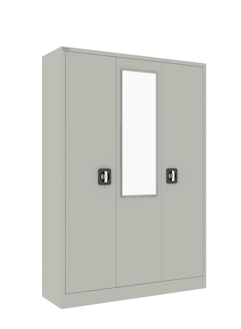 RIGID 3-Door Home Cupboard with Hanging Rod, Organizer Shelves, Lockable Doors & Full Mirror Steel Wardrobe Storage Cabinet for Bedroom, Living Room (Grey, 47D x 125W x 180H CM) – Assembled - Image 3