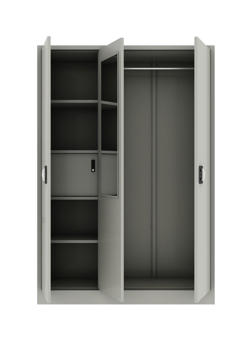 RIGID 3-Door Home Cupboard with Hanging Rod, Organizer Shelves, Lockable Doors & Full Mirror Steel Wardrobe Storage Cabinet for Bedroom, Living Room (Grey, 47D x 125W x 180H CM) – Assembled - Image 4