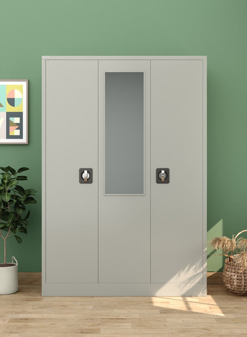 RIGID 3-Door Home Cupboard with Hanging Rod, Organizer Shelves, Lockable Doors & Full Mirror Steel Wardrobe Storage Cabinet for Bedroom, Living Room (Grey, 47D x 125W x 180H CM) – Assembled - Image 5