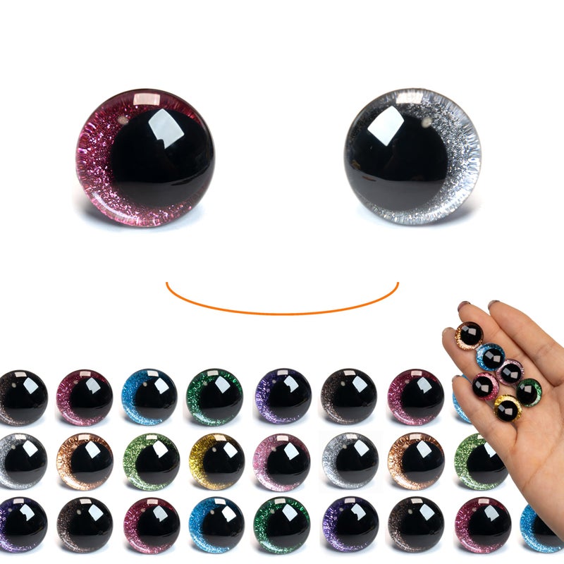 SEVENSUN 16mm Sparkling OffCentered Glitter Safety Eyes 128 pcs 3D Moon Glitter Eyes with Washers Doll Making Stuffed Craft Crochet Safety Eyes for Crocheting Amigurumi