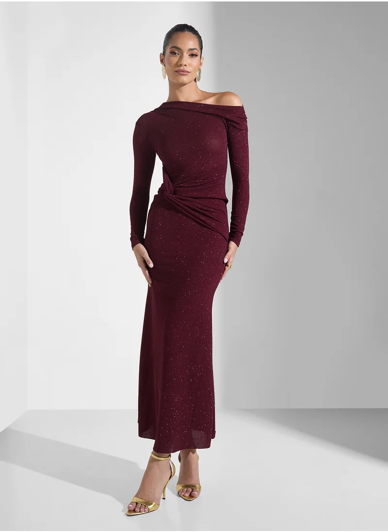 جينجر بوتيك Assymetric Shoulder Glitter Ruched Bodycon Dress