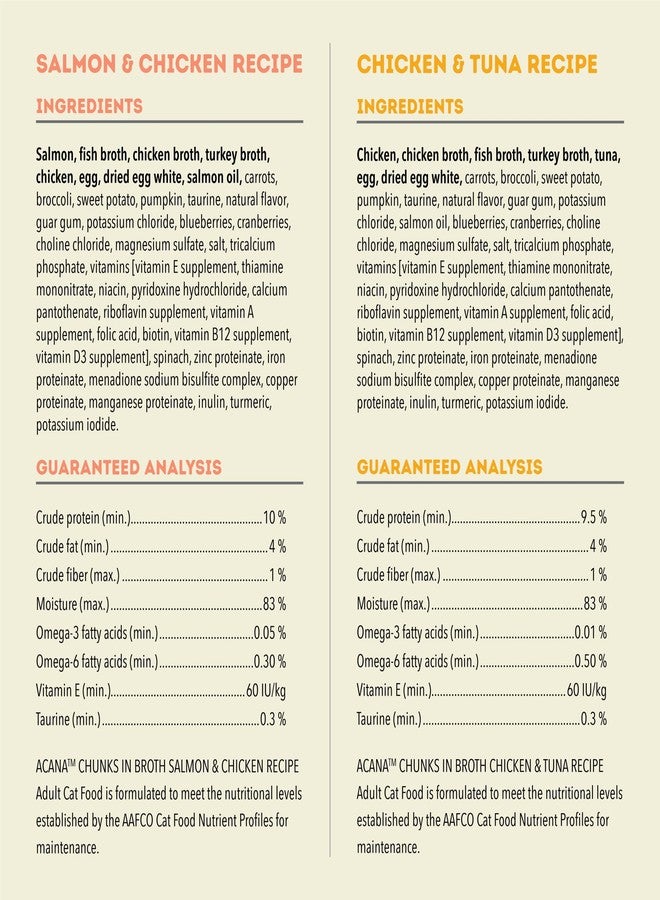 (أسنى) مجموعة متنوعة من طعام القطط الرطب ACANA Chunks in Broth: وصفات السلمون والدجاج + وصفات الدجاج والتونة، علب 3 أونصة (12 علبة، 6 علب من كل نوع) - Image 5