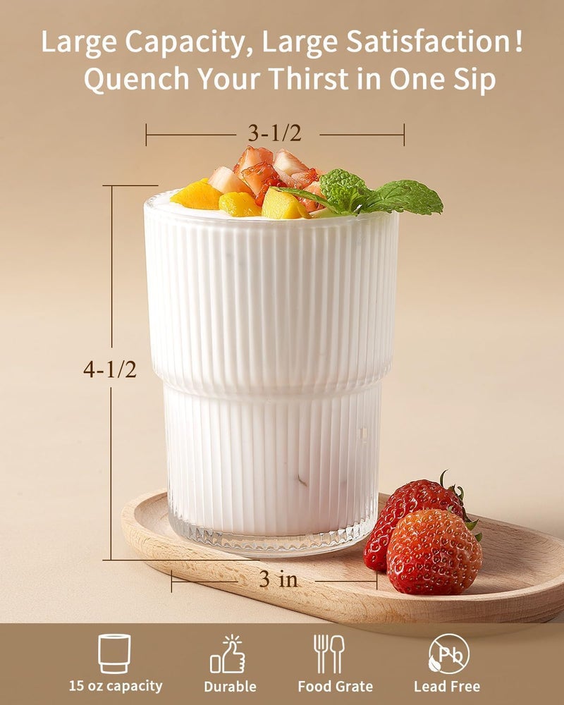 SKDBPM Water Glass Set of 6 Ribbed Drinking Glasses Heavy Base Durable Glass Cups for Juice Wine Beer Cocktails and Mixed Drinks Ribbed - Image 5