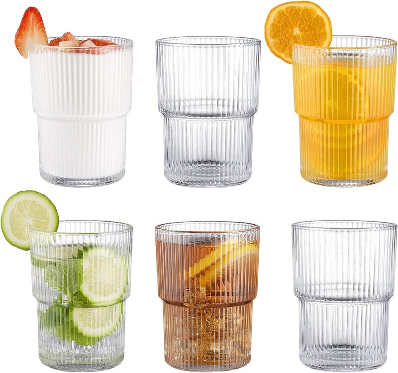 SKDBPM Water Glass Set of 6 Ribbed Drinking Glasses Heavy Base Durable Glass Cups for Juice Wine Beer Cocktails and Mixed Drinks Ribbed - Image 1