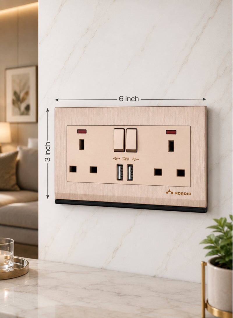 13 Amp Double Switched Socket with Dual USB Ports | 3x6 Inch Wall Power Outlet | 5V 2.1A USB Charging | Premium Modular Socket for Home, Office & Hotel - Image 2