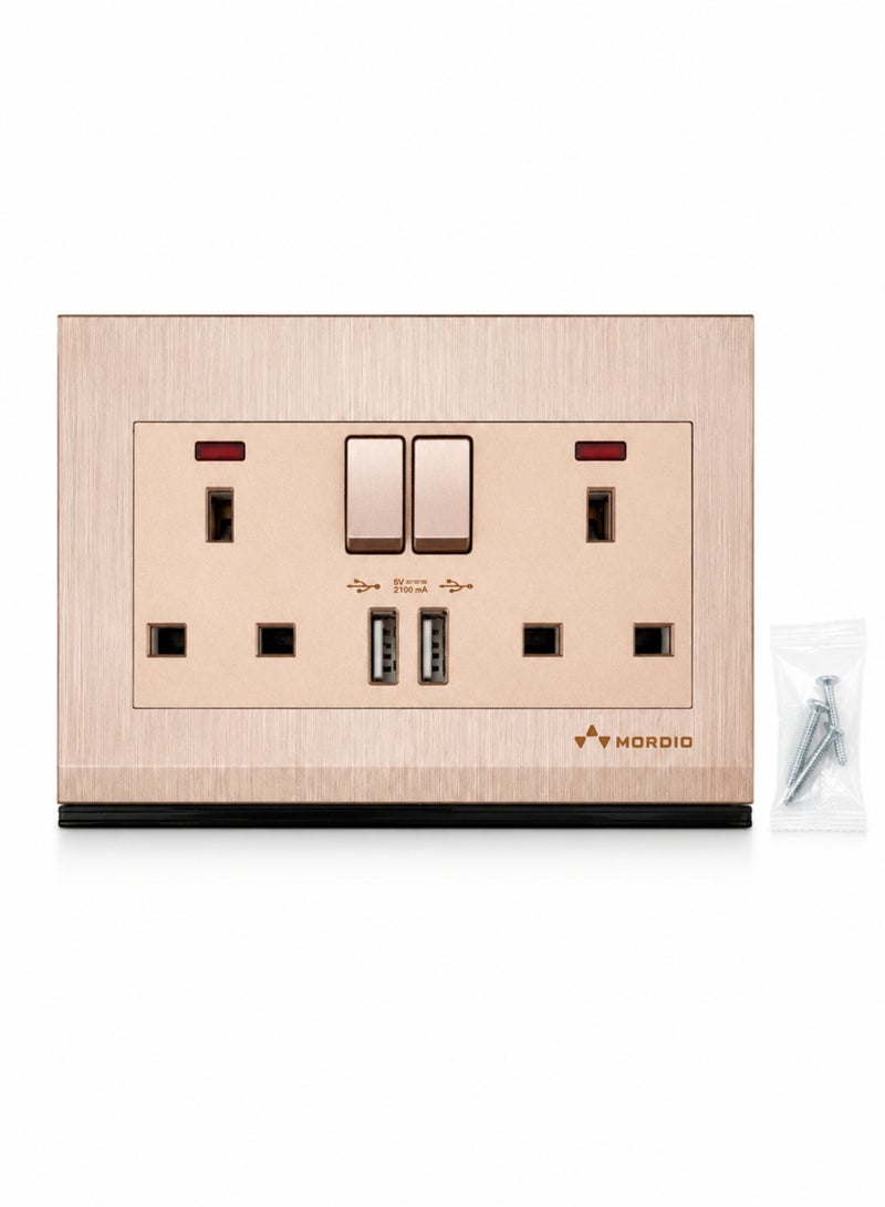 13 Amp Double Switched Socket with Dual USB Ports | 3x6 Inch Wall Power Outlet | 5V 2.1A USB Charging | Premium Modular Socket for Home, Office & Hotel - Image 1