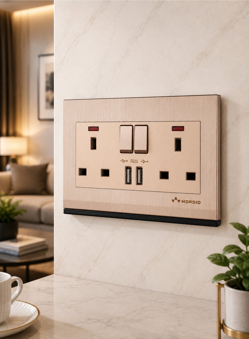 13 Amp Double Switched Socket with Dual USB Ports | 3x6 Inch Wall Power Outlet | 5V 2.1A USB Charging | Premium Modular Socket for Home, Office & Hotel - Image 4
