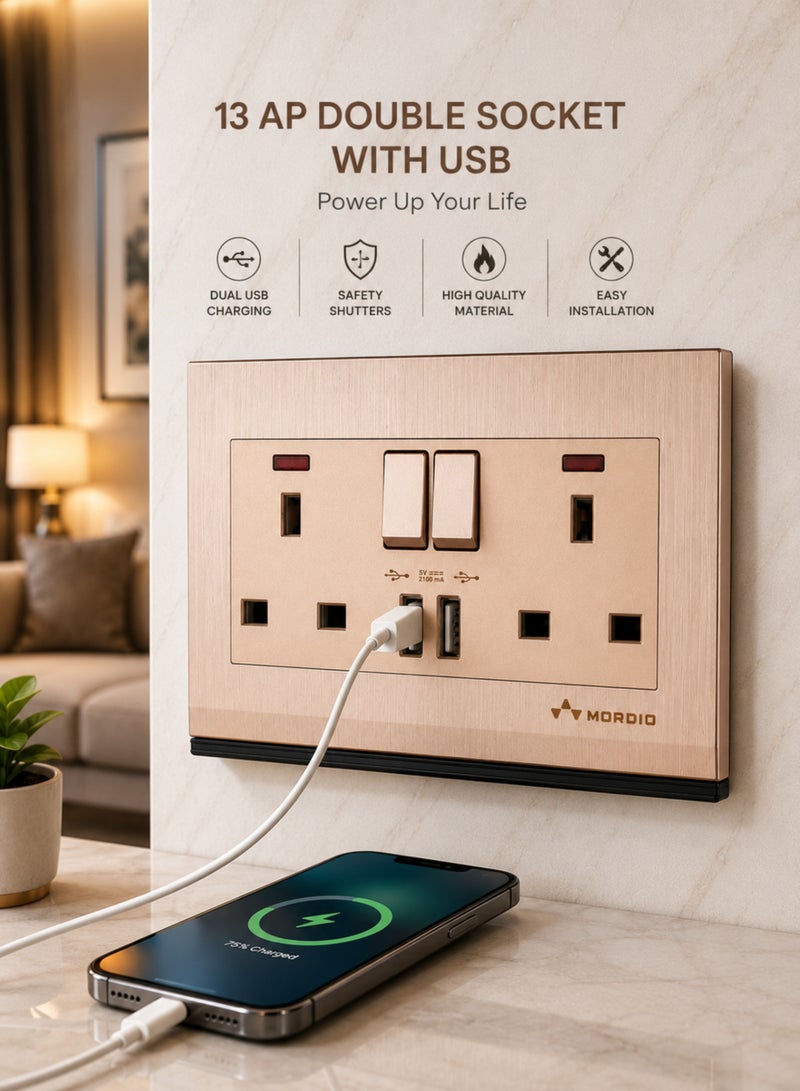 13 Amp Double Switched Socket with Dual USB Ports | 3x6 Inch Wall Power Outlet | 5V 2.1A USB Charging | Premium Modular Socket for Home, Office & Hotel - Image 5