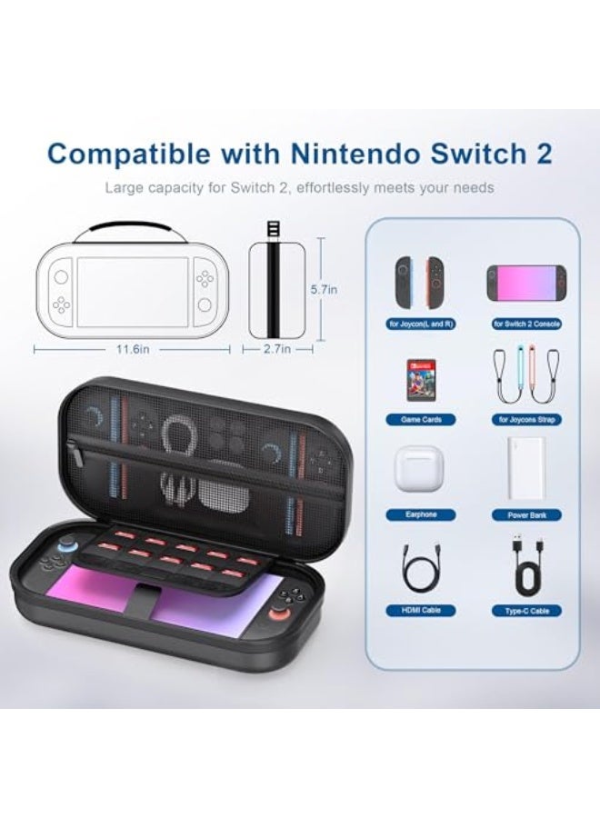 Switch 2 Carrying Case for Nintendo Switch 2 (2025), Portable Hard Shell Travel Case with Pockets for Accessories and Games Card, Protective Travel Bag for Switch 2 Holds 10 Game Cartridge Black - Image 3