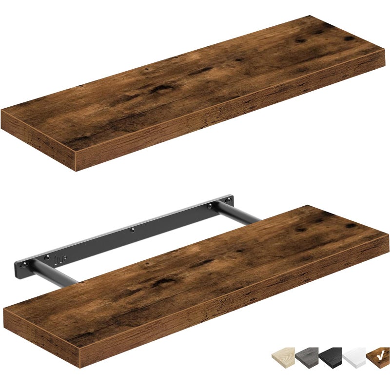 QEEIG Floating Shelves Wall Shelf 24 inches Long Farmhouse Bathroom Decor Bedroom Kitchen Living Room Wall Mounted 24 x 9 inch Set of 2 Rustic Brown 00860BN
