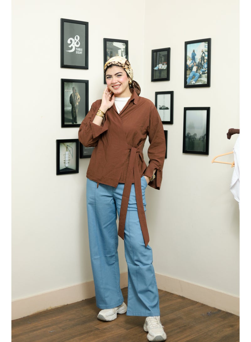 oversize blouse linen material - brown - Image 1