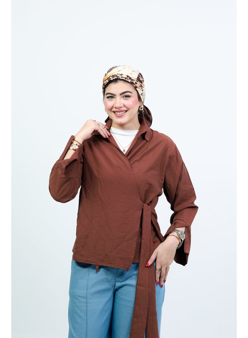 oversize blouse linen material - brown - Image 2