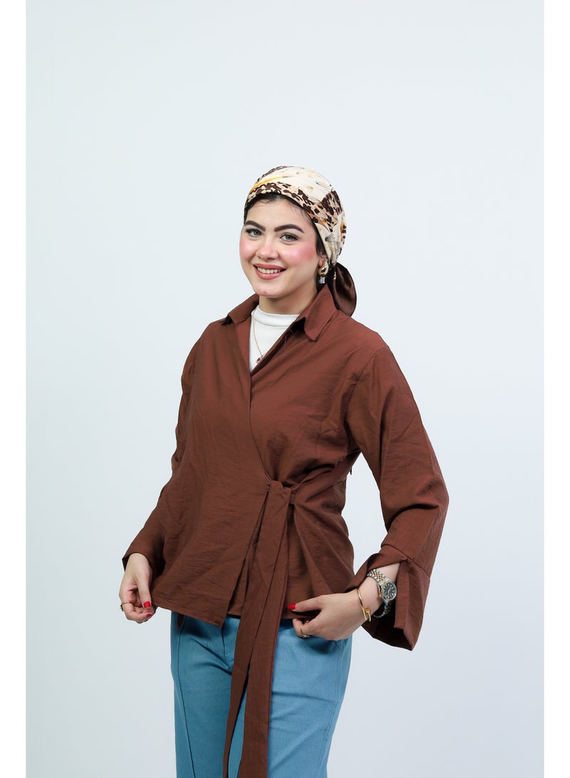 oversize blouse linen material - brown - Image 3