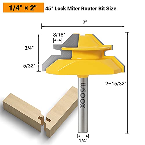 WSOOX 1/4 Inch Shank 45 Degree Lock Miter Router Bit Set, 3pcs Joint Router Bits, Wood Milling Cutter Glue Joint Tools Set (for Cutting 1/2Inch, 3/4Inch, 5/8Inch Wood Stock) (1/4 Shank) - Image 4