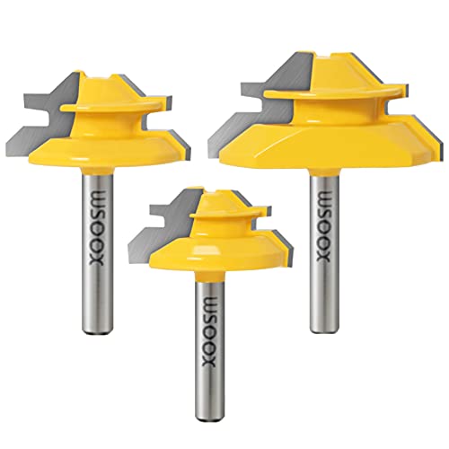 WSOOX 1/4 Inch Shank 45 Degree Lock Miter Router Bit Set, 3pcs Joint Router Bits, Wood Milling Cutter Glue Joint Tools Set (for Cutting 1/2Inch, 3/4Inch, 5/8Inch Wood Stock) (1/4 Shank) - Image 1
