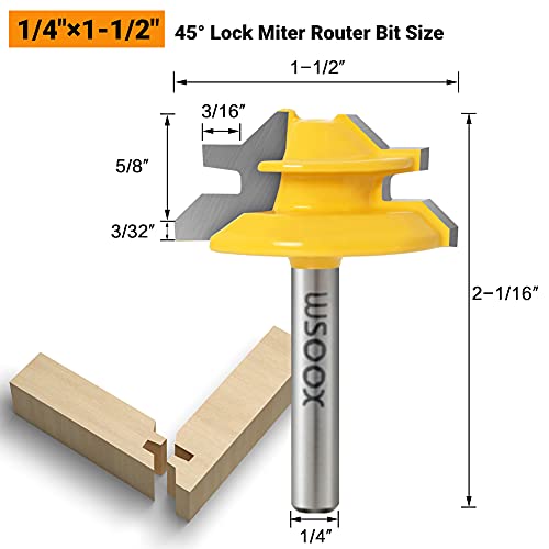 WSOOX 1/4 Inch Shank 45 Degree Lock Miter Router Bit Set, 3pcs Joint Router Bits, Wood Milling Cutter Glue Joint Tools Set (for Cutting 1/2Inch, 3/4Inch, 5/8Inch Wood Stock) (1/4 Shank) - Image 3
