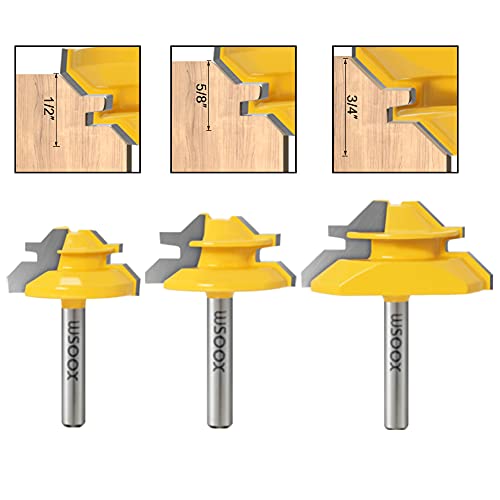 WSOOX 1/4 Inch Shank 45 Degree Lock Miter Router Bit Set, 3pcs Joint Router Bits, Wood Milling Cutter Glue Joint Tools Set (for Cutting 1/2Inch, 3/4Inch, 5/8Inch Wood Stock) (1/4 Shank) - Image 5