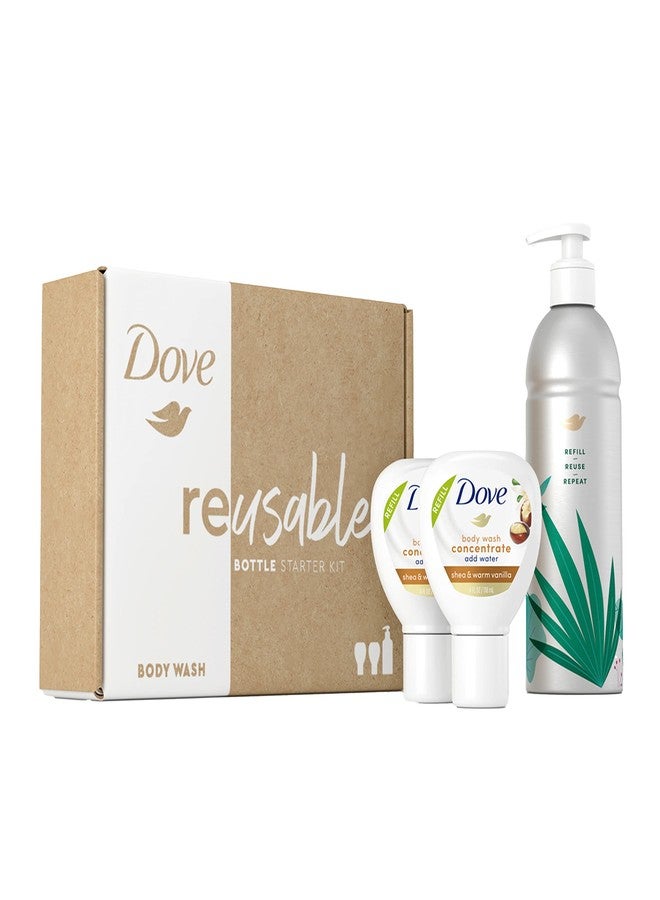 Dove Body Wash Aluminum Reusable Bottle and Concentrate Refill (2x) Starter Kit for Instantly Soft Skin Shea and Warm Vanilla for Skin Care and Lasting Nourishment 4oz (makes 16oz) - Image 1