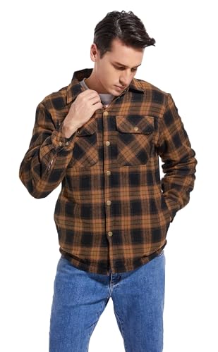 Puwasa Men's Sherpa Lined Cotton Flannel Shirt Jacket Plaid Button Up Jacket Coat for Men with Pocket Orange Large - Image 3