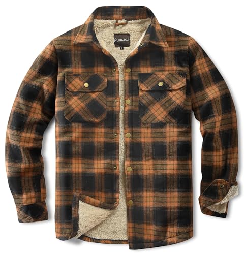 Puwasa Men's Sherpa Lined Cotton Flannel Shirt Jacket Plaid Button Up Jacket Coat for Men with Pocket Orange Large - Image 1