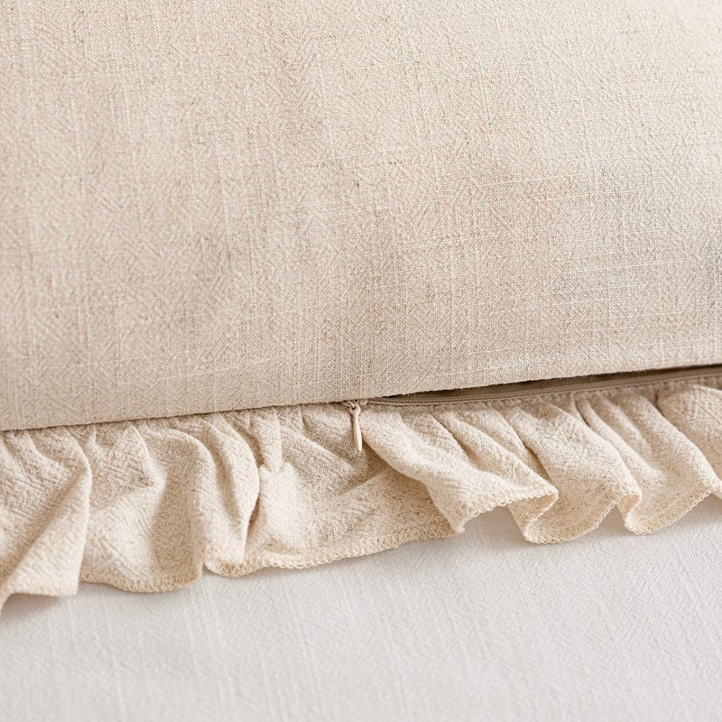 Foindtower Set of 2 Decorative Soild Fringe Ruffle Throw Pillow Covers Soft Boho Farmhouse Cushion Cover Cozy Accent Retro Pillowcase for Couch Sofa Bed Living Room Home Decor,22Ã—22 Inch,Natural Beige - Image 3