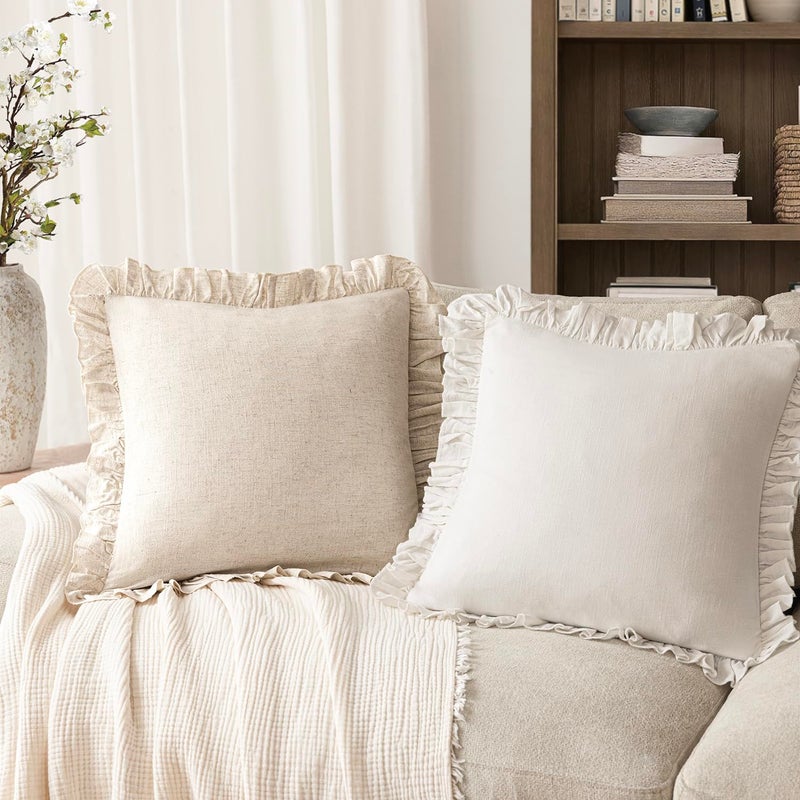 Foindtower Set of 2 Decorative Soild Fringe Ruffle Throw Pillow Covers Soft Boho Farmhouse Cushion Cover Cozy Accent Retro Pillowcase for Couch Sofa Bed Living Room Home Decor,22Ã—22 Inch,Natural Beige - Image 4