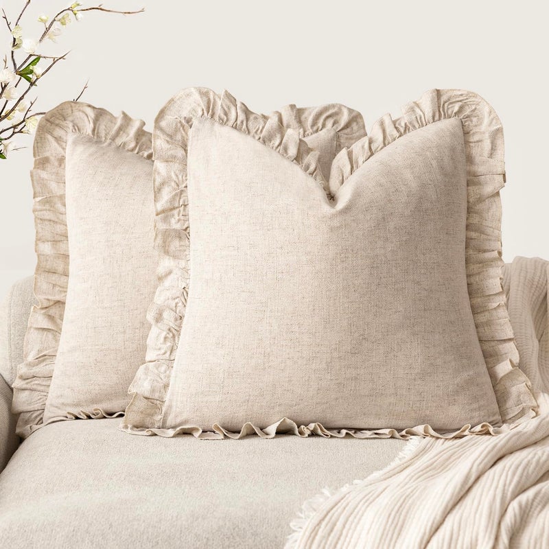 Foindtower Set of 2 Decorative Soild Fringe Ruffle Throw Pillow Covers Soft Boho Farmhouse Cushion Cover Cozy Accent Retro Pillowcase for Couch Sofa Bed Living Room Home Decor,22Ã—22 Inch,Natural Beige - Image 1