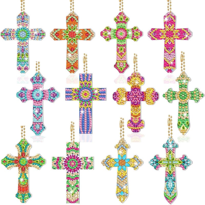 Glenmal 12 Pcs Easter Diamond Painting Keychains Cross Diamond Art Keychains Kits for Adults Religious Crosses Ornaments 5D Key Chain Christian Rhinestones Bookmarks Key Rings for DIY Crafts Gifts - Image 1
