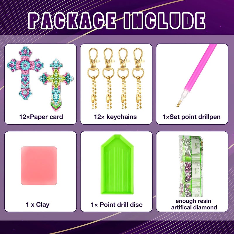 Glenmal 12 Pcs Easter Diamond Painting Keychains Cross Diamond Art Keychains Kits for Adults Religious Crosses Ornaments 5D Key Chain Christian Rhinestones Bookmarks Key Rings for DIY Crafts Gifts - Image 3