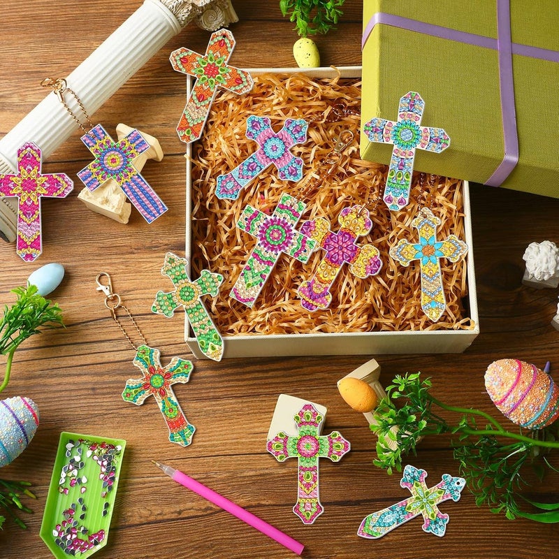 Glenmal 12 Pcs Easter Diamond Painting Keychains Cross Diamond Art Keychains Kits for Adults Religious Crosses Ornaments 5D Key Chain Christian Rhinestones Bookmarks Key Rings for DIY Crafts Gifts - Image 2