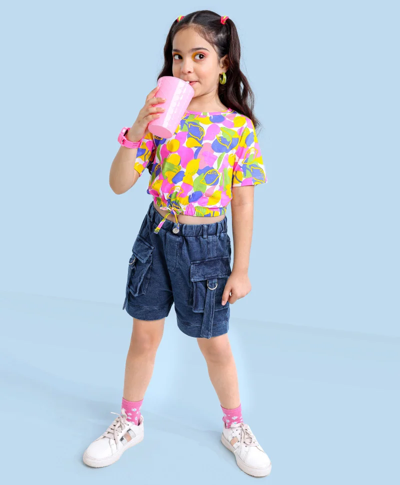 Ollington St. Ollington St. Half Sleeves Top Lemon Printed with Stretchable Denim Shorts- Multicolor