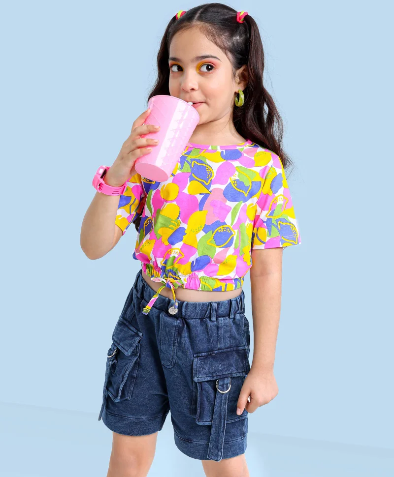 Ollington St. Ollington St. Half Sleeves Top Lemon Printed with Stretchable Denim Shorts- Multicolor