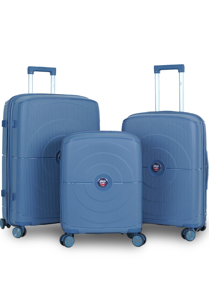 MNUK PREMIO Set of 3 Luggage| Polypropylene (PP) Hardside Luggage Trolley|Double 360° 4 Wheeler| Cabin-20 Inch, Medium- 24 Inch, Large-28 Inch|Blue - Image 1