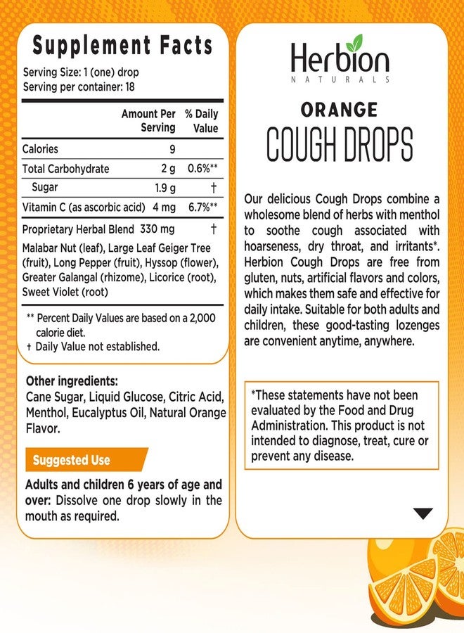 Herbion Naturals Cough Drops with Natural Orange Flavor, Dietary Supplement, Soothes Cough, for Adults and Children Over 6 Years, 18 Drops - Image 3