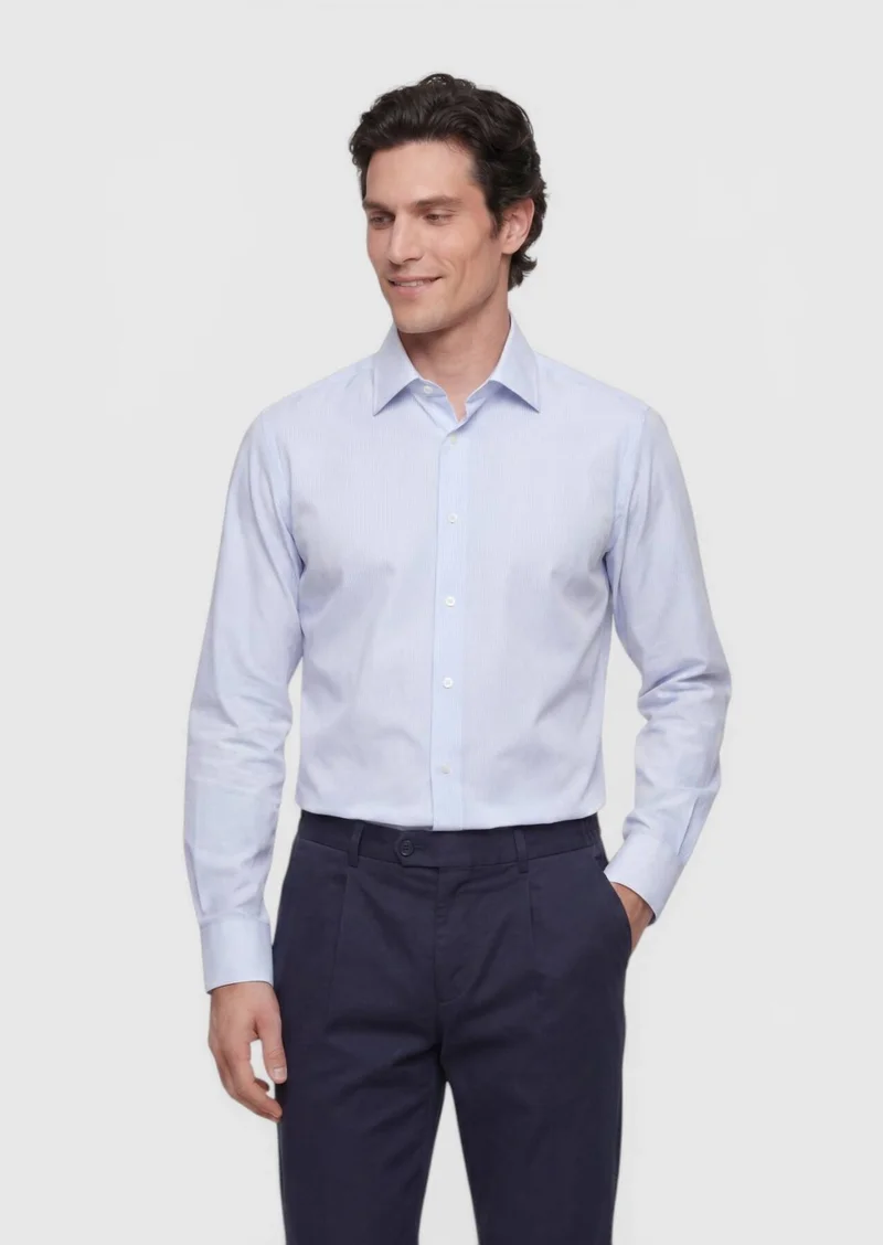 Ramsey Blue Striped Regular Fit Long Weaving Classical 100% Cotton Shirt