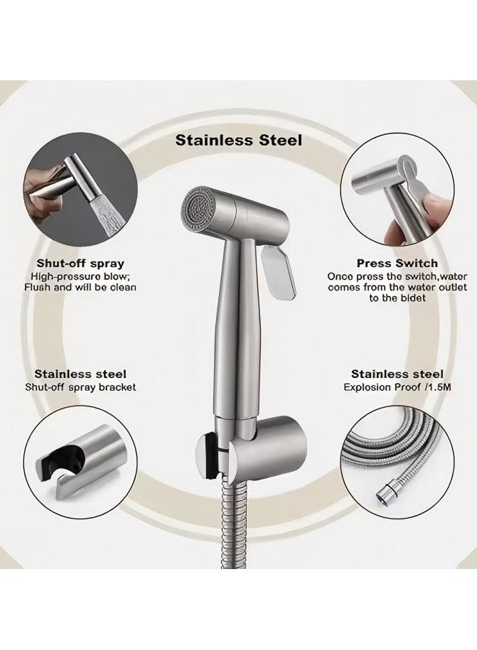 Loquat Handheld Bidet Sprayer,Bidet Toilet Spray Gun Set, Handheld Bidet Sprayer with Stainless Steel Chrome Hose Toilet Water Sprayer, Silver - Image 4
