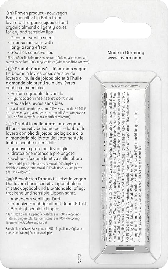 lavera بلسم شفاه لافيرا بيسيس سينسيتيف للشفاه الحساسة يرطب ويهدئ بزيت الجوجوبا العضوي وزيت اللوز العضوي نباتي - Image 4
