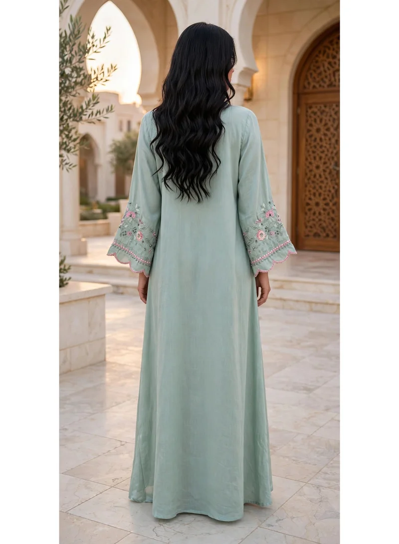 Ikkxa  Floral Embroidered V Neck Jalabiya with Scalloped Cuffs for Women | Best Price UAE