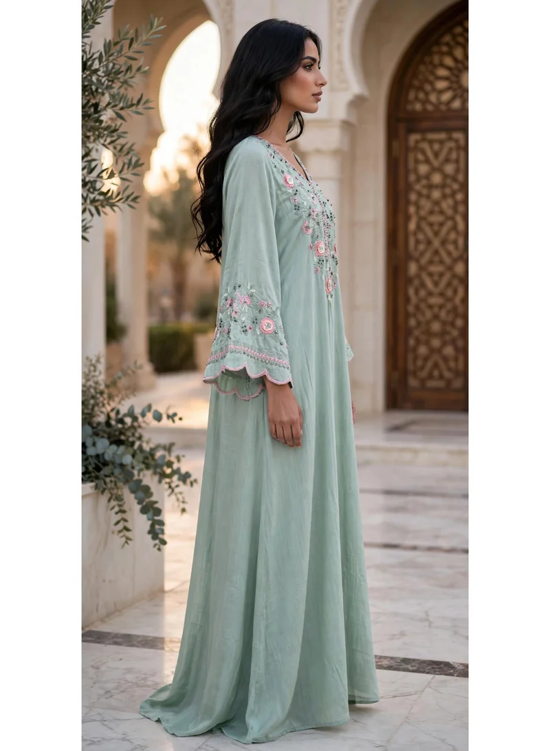 Ikkxa  Floral Embroidered V Neck Jalabiya with Scalloped Cuffs for Women | Best Price UAE