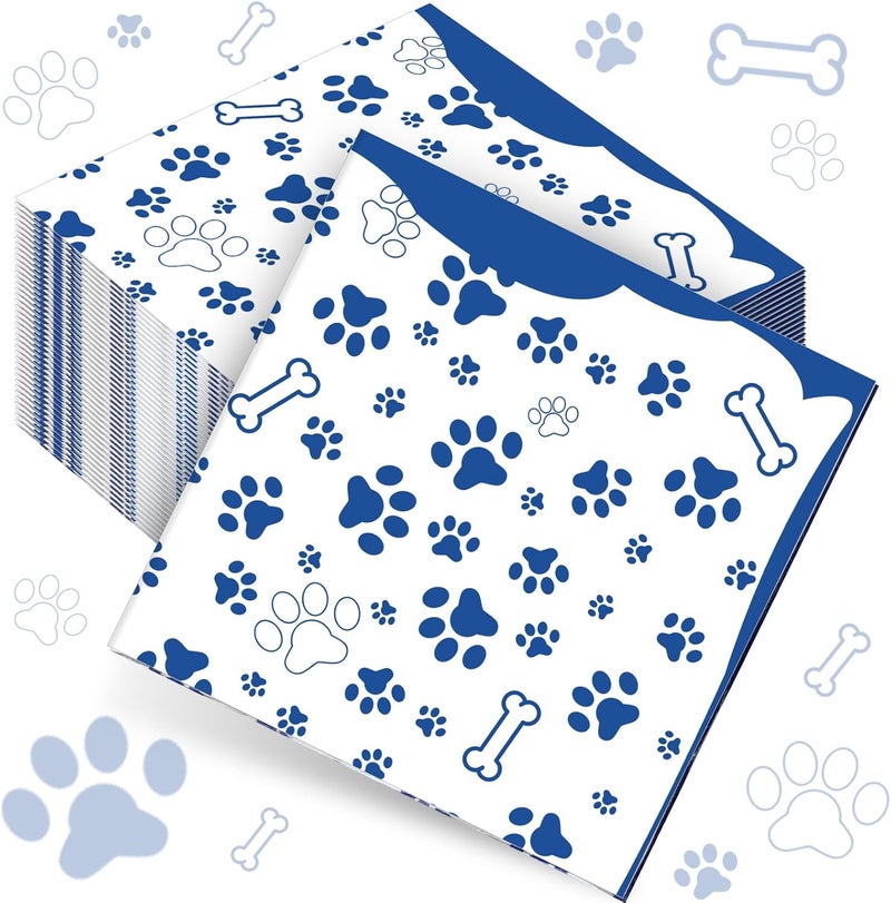 Chengu 100 Pieces Paw Print Napkins 2 Layers Paw Print Party Supplies Farm Animal Party Napkins for Animal Themed Birthday Western Part, 5 x 5 Inch(Blue) - Image 1