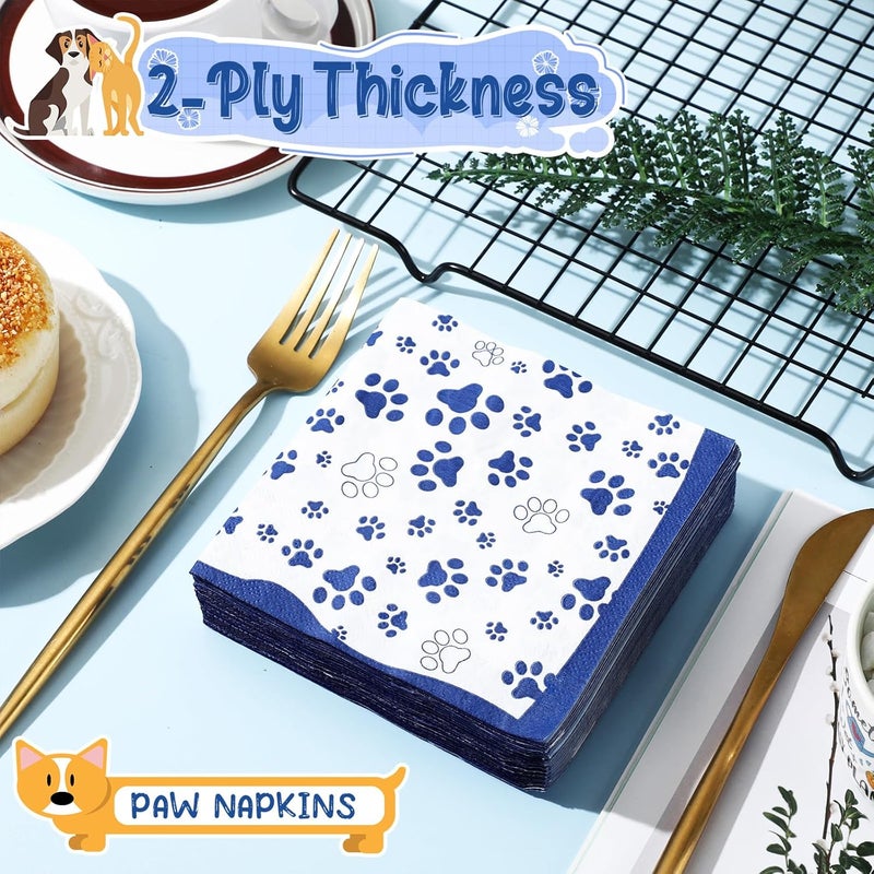 Chengu 100 Pieces Paw Print Napkins 2 Layers Paw Print Party Supplies Farm Animal Party Napkins for Animal Themed Birthday Western Part, 5 x 5 Inch(Blue) - Image 5