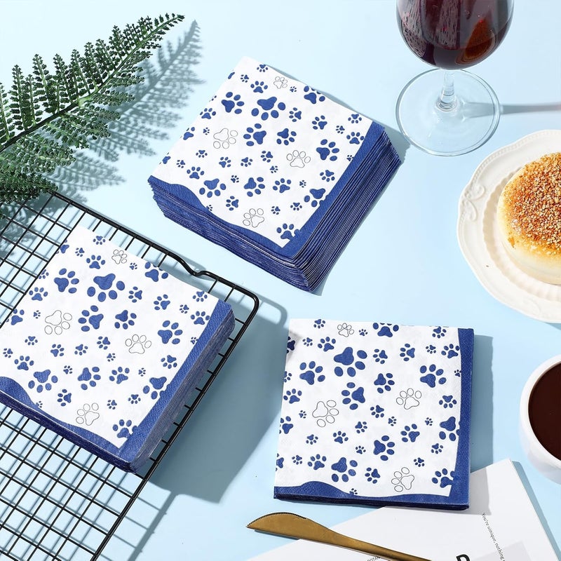 Chengu 100 Pieces Paw Print Napkins 2 Layers Paw Print Party Supplies Farm Animal Party Napkins for Animal Themed Birthday Western Part, 5 x 5 Inch(Blue) - Image 4