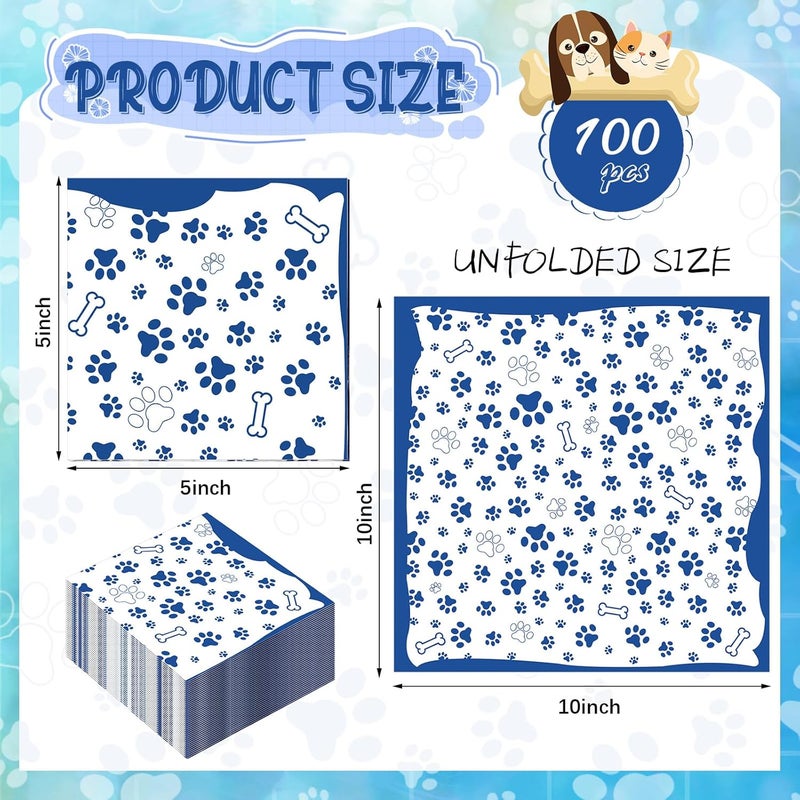 Chengu 100 Pieces Paw Print Napkins 2 Layers Paw Print Party Supplies Farm Animal Party Napkins for Animal Themed Birthday Western Part, 5 x 5 Inch(Blue) - Image 2