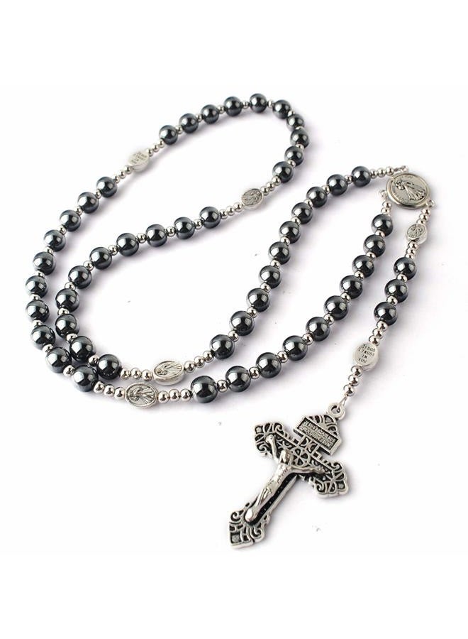 HanlinCC Hematite Rosary Necklace for Men and Women, Black Stone and Stainless Steel Beads, 48cm Length, 8mm (Hematite), 4mm (Stainless Steel), Hematite, cross - Image 5