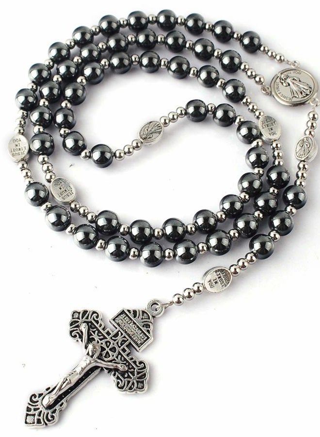 HanlinCC Hematite Rosary Necklace for Men and Women, Black Stone and Stainless Steel Beads, 48cm Length, 8mm (Hematite), 4mm (Stainless Steel), Hematite, cross - Image 4