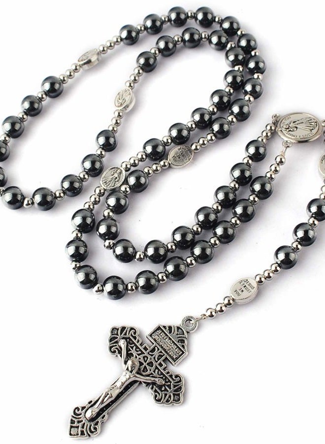 HanlinCC Hematite Rosary Necklace for Men and Women, Black Stone and Stainless Steel Beads, 48cm Length, 8mm (Hematite), 4mm (Stainless Steel), Hematite, cross - Image 2