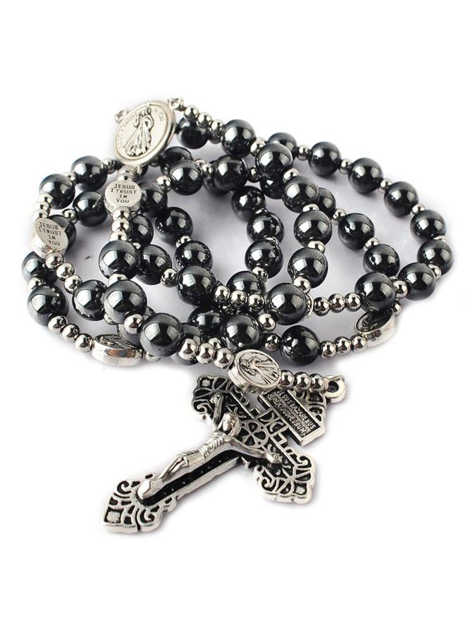 HanlinCC Hematite Rosary Necklace for Men and Women, Black Stone and Stainless Steel Beads, 48cm Length, 8mm (Hematite), 4mm (Stainless Steel), Hematite, cross - Image 1